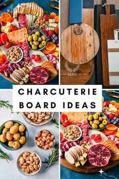 various pictures of different types of food on plates and in bowls with the words, charcuterie board ideas