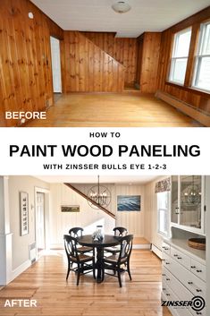 before and after photos of a dining room with wood paneling on the walls, an open floor plan is shown