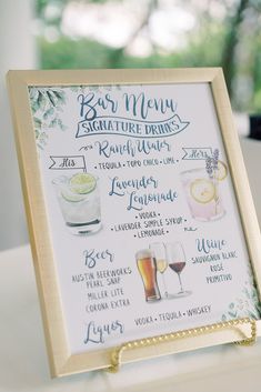 a sign with drinks on it that says bar menu and features different types of drinks