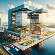 an artist's rendering of a futuristic office building in the middle of a body of water