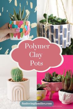 some potted plants are shown with the words polymer clay pots above it and below them