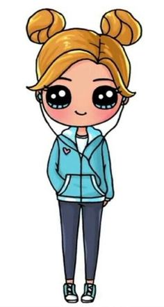 a cartoon girl with blonde hair and big eyes wearing a blue jacket, jeans and sneakers