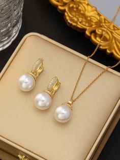 2pcs/Set Fashionable Stainless Steel Faux Pearl & Rhinestone Inlaid Double-Layer Necklace Set + Earrings + Adjustable Ring Perfect For Women Daily Wear, Dating And Gift Giving Gold    Titanium Steel     Women Fashion Jewelry, size features are:Bust: ,Length: ,Sleeve Length: Bridal Jewellery Design, Double Layer Necklace, Layered Necklace Set, Set Earrings, Gold Collar, Women's Jewelry Sets, Gold Heart Necklace, Watches Women Fashion, Hand Jewelry