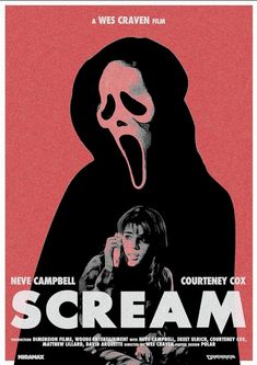 the scream movie poster is shown in red and black