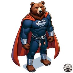 a bear dressed as a superman standing in front of a white background