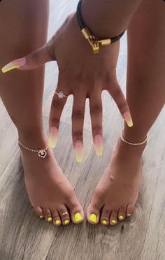 Pedicure Ideas Yellow, Holiday Toe Nails Summer, Neon Yellow Toes, Yellow Pedicure Toenails, Finger And Toe Nail Combo, Matching Nails And Toes For Summer, Hands And Feet Nails, Nails And Toes Set, Matching Set Nails And Toes