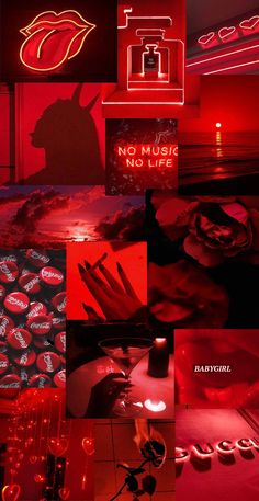 red and black collage with various images