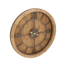 a wooden clock with roman numerals on it