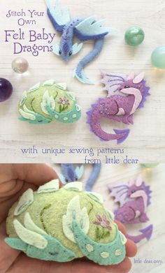 an image of some little dragon brooches on a wooden table with text overlay that says stitch your own felt baby dragon