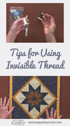 two pictures with the words tips for using invisible thread on them and an image of hands holding