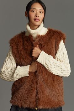 Polyester Open front Hand wash Imported | Faux-Fur Midi Vest Jacket by Anthropologie in Brown, Women's, Polyester White Fur Vest, Brown Fur Vest, Fur Vest Women, Women Faux Fur Vest, Faux Fur Vest Black, Front Hand, White Fur, Outerwear Vest, Black Faux Fur