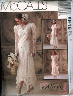 an image of a woman's wedding dress on the cover of a sewing pattern