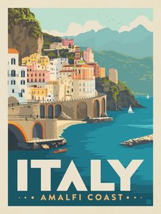 an italian travel poster featuring the amalfi coast