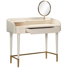 a white desk with a mirror on top and gold legs, against a white background