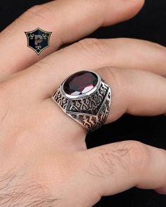 "Red Garnet Silver Ring, Ottoman Mens Ring, Handmade Ring, 925 Sterling Silver, Turkish Silver Ring, Men Silver Jewelry, Anniversary Gifts ✦ Details ✦ * Material: 925 Sterling Silver * Gemstone: Garnet * Weight: 9,50 grams * Sides oxidized * Stamp: 925 * Available sizes; 5 US to 16 US. Contact me if you need any other size! ✦ Shipping ✦ * Processing time: 1-3 business days. * This item ships from my Turkish workshop in Istanbul. * Add your phone number in address box for a smoother delivery. That makes courier personnel's job easier.  ✦ Packaging ✦ * Comes with a luxury gift box and a jewellery cleaning cloth and courtesy gift. ✦ Returns, Exchanges ✦ * Return option available for 30 days after the delivery. * The product has to be in the same shape, type, and material. * Personalized produ Men Silver Jewelry, Ring Men Silver, Silver Ring Men, Ring Men, Red Band, Mens Ring, Luxury Gift Box, Red Garnet, Ring Handmade