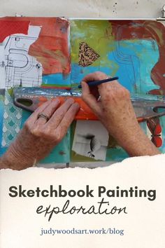 an older woman is working on some art work with the title'sketchbook painting explosion '