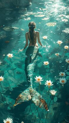 a woman is swimming in the water with white flowers