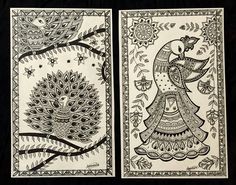 two black and white cards with peacocks in the middle, one is holding a tree