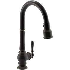 a black kitchen faucet with two handles and an overflowing spout