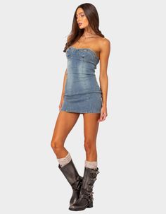 No Need To Accessorize, Because This Strapless Mini-Dress Will Do All The Work For You. Its Bodycon And Strapless Fit, Elevates Your Look, Making It A Must-Have Statement Dress For Any Party Or Festival. Mini Dress. Bodycon Fit. Denim Fabric. Model Wears Size S. Model Height Is 5'9. Item Care: Wash With Similar Colors. 95% Polyester, 5% Spandex. | Edikted Alissa Denim Mini Dress Easter Dresses For Women, Mini Dress Bodycon, Strapless Denim Dress, Neon Dresses, Best Summer Dresses, Olive Green Dresses, Summer Black Dress, Jean Dress, Peach Dress