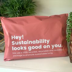 a pillow that says, hey, sustainability looks good on you we use a 100 % recycled recyclable and reusable living package to promote environmental living