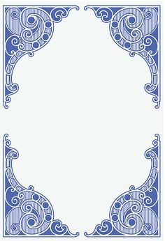 a blue and white frame with swirls on the edges, in an ornate pattern