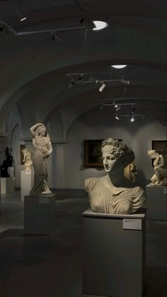 an art gallery with sculptures and lights on the ceiling, including busturines in white marbles