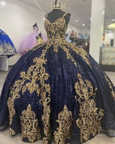 Blue And Gold Ballgown, Midnight Blue And Gold Quinceanera Dresses, Navy Blue Quince Dresses With Gold, Dark Blue And Gold Quince Dress, Quince Dresses Navy Blue And Gold, Dark Blue With Gold Quinceanera Dresses, Navy And Gold Quinceanera Dresses, Quinceñera Dresses Navy Blue, Quince Navy Blue Dresses