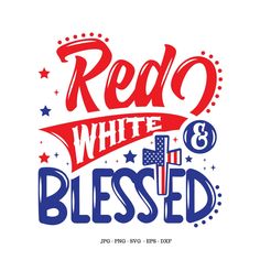 red, white and blue lettering with an american flag on the bottom that says,