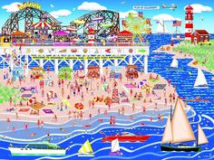 an image of a beach scene with people and boats in the water near a ferris wheel