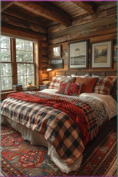 a large bed sitting in a bedroom next to a window filled with lots of windows