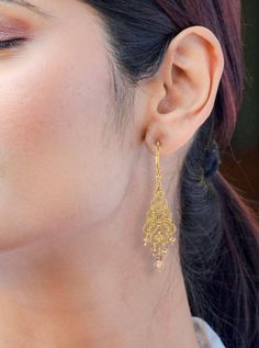 Estos increíblemente bonitos aretes colgantes de filigrana de vidrio ámbar son una adición impresionante a cualquier colección de joyas. Las cuentas de vidrio ámbar facetadas combinan perfectamente con la hermosa filigrana chapada en oro y los cierres de palanca para un ajuste seguro y una apariencia lujosa. 
Hermosas cuentas de vidrio de color ámbar y blanco. 
Filigrana bañada en oro.
Alambre chapado en oro y respaldos de palanca.
2,75 pulgadas de largo.
Estos aretes son perfectos para cualquier ocasión, desde una salida nocturna hasta un evento especial. El diseño único y las hermosas cuentas de vidrio ámbar te harán destacar entre la multitud. Agregue un toque de elegancia y romance a su look con estos aretes colgantes de filigrana de vidrio ámbar.
Todos los artículos en liquidación son Elegant Beaded Danglers For Party, Elegant Beaded Earrings With Dangling Beads For Festive Occasions, Elegant Beaded Danglers For Celebration, Formal Beaded Dangle Earrings, Elegant Beaded Chandelier Earrings For Festive Occasions, Elegant Beaded Drop Earrings For Formal Occasions, Elegant Formal Beaded Drop Earrings, Dainty Gold Beaded Earrings, Gold Beaded Drop Earrings For Formal Occasions