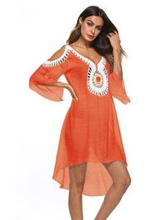 Sku CY-!22922 Material Polyester Style Loose Feature Embroidered Occasion Bohemia , Beach , Sexy Neckline V-neck Seasons Spring , Summer , Autumn , Winter Type Mini Dresses Color BLACK,WHITE,APRICOT,ORANGE,PURPLE Size FREE SIZE Size chart: Please consult the size chart we provide for this item's measurements to help you decide which size to buy. Please note: There may be 1-3cm differ due to manual measurement. CMINCH Cm Bust Waist Shoulder Sleeve Length FREE SIZE 116 120 31 36 81/105 Orange V-neck Summer Beach Dress, V-neck Hollow Out Dress For Beach Season, Casual V-neck Cover-up For Party, V-neck Hollow Out Cover-up For Summer, Casual V-neck Party Cover-up, Hollow Out Dresses For Vacation, V-neck Party Dress For Vacation, Summer Hollow Out V-neck Cover-up, Orange V-neck Cover-up For Spring