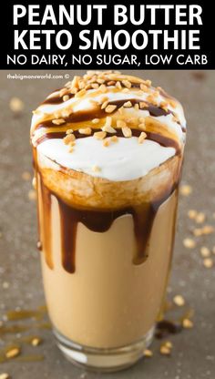 chocolate peanut butter breakfast shake in a tall glass with caramel drizzle on top