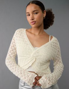 AE Pointelle Twist-Front Cropped Sweater Balloon Sleeve Cardigan, Bodycon Sweater, Pointelle Sweater, Crochet Halter Tops, American Eagle Sweater, Women's Sweaters, Light Sweater, Mens Outfitters, Sleeveless Sweater