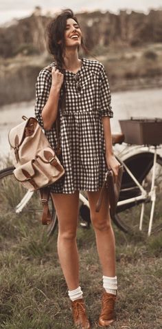 vintage bag beige boots brown socks white sunglasses dress apparel style clothing women fashion outfit Black And White Check Dress, Winter Hipster, Check Dress, Indie Fashion, Her Eyes