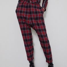 Nwt Zara Size Xs Red/Black Baggy Plaid Pants Brand New With Tags High-Waisted Pants With Side Pockets And False Back Flap Pockets. - 98% Cotton, 1% Polyester, 1% Elastane - Approximate Measurements: 13.5" Waist Across, 15" Rise, 24" Inseam Casual Red Zara Bottoms, Red Baggy Pants For Loungewear, Trendy Red Zara Pants, Casual Plaid Zara Bottoms, Trendy Plaid Zara Bottoms, Zara Casual Plaid Bottoms, Red Pants For Winter Workwear, Red Winter Workwear Bottoms, Cream Pants