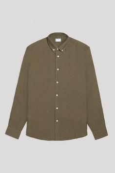 Olive Linen Shirt | Button Down French Linen - ASKET Linen Button-up Shirt With Buttoned Pockets, Luxury Brown Linen Shirt, Green Linen Button-up Shirt, Linen Button-up Shirt With Welt Pockets, Linen Short Sleeve Button-up Shirt With Pockets, Short Models, Organic Linens, Box Pleats, French Linen