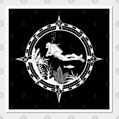 a black and white silhouette of a mermaid swimming in the ocean with stars around it