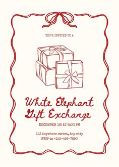 the white elephant gift exchange flyer is shown with presents in red and black on it