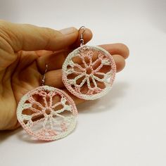 "Handmade folk lace earrings for your bohemian spirit. Bright and lightweight peach and white crocheted earrings are the perfect little pop of color.  These earrings are hand crocheted with 100% cotton yarn over a silver plated loop. They are attached to silver plated hook earrings. Dimension: about 4 cm/ 1.57 inches in diameter.  Total length of earrings (including ear wires) is 6 cm/ 2.35 inches. They are already made and ready for shipping. They will be sent in a lovely box and bubble wrap en Delicate Handmade Jewelry For The Beach, Pink Bohemian Jewelry With Ear Wire, Bohemian Pink Jewelry With Ear Wire, Bohemian Crochet Jewelry For The Beach, Bohemian Crochet Jewelry For Beach, Bohemian Crochet Beach Jewelry, Delicate Handmade Jewelry For Festivals, Delicate Hypoallergenic Summer Jewelry, Summer White Hypoallergenic Jewelry