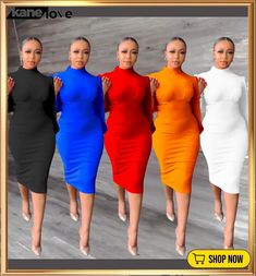 Solid Color Open Sleeve Turtleneck Fashion Dress Orange Long Sleeve Stretch Bodycon Dress, Orange Stretch Bodycon Dress With Long Sleeves, Spring High Neck Stretch Midi Dress, Spring High Neck Midi Dress, High Neck Midi Dress For Spring, Spring High-neck Stretch Midi Dress, Casual High Neck Party Dress, Orange Long Sleeve Bodycon Dress For Spring, Orange Long Sleeve Midi Dress