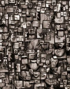 a black and white photo with many different faces on it's sides, all in squares