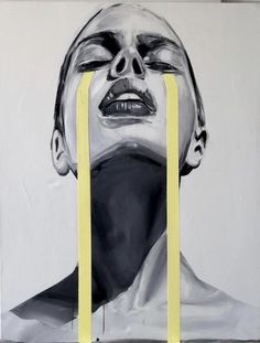 a painting of a woman's face with yellow tape sticking out of her mouth