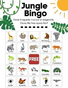 the jungle bingo game has animals and plants on it