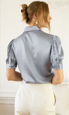 Juliet Silk Blouse – 100% Silk Blouse | Ravella Luxury Silkwear Silk Blouse Outfit, Silk Blouses, Platinum Grey, Nyfw Street Style, Luxury Silk, Satin Top, Staten Island, Blouse Outfit, Office Outfits