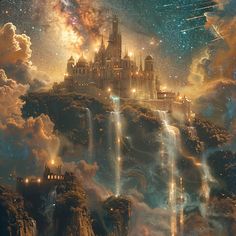 a castle on top of a mountain surrounded by clouds and stars in the night sky