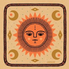 an orange and black drawing of a sun on a beige background with circles around it