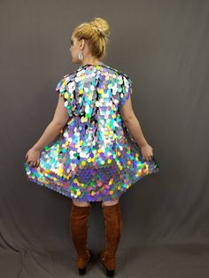 This sparkling knee length kimono robe with bell sleeves is sure to make you stand out in the crowd. The prismatic holographic sequins catch sunlight and reflect a rainbow of colors all around you. These sleeves are incredible and like no other sequin kimono out there. It looks great on stage and is very demanding of attention. All eyes on you! It wears great from day to night, is unlined, and has a mesh foundation so it does not get too hot while you are dancing your heart out all day and night Rave Kimono, Kimono Plus Size, Sequin Kimono, Plus Size Kimono, Mermaid Sequin, Long Vests, Womens Robes, Made Clothing, Elbow Length Sleeve