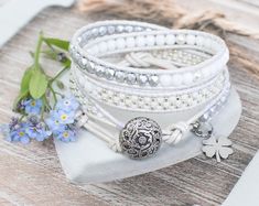 White Leather Wrap Beaded Bracelet Boho Bohemian Gift for - Etsy White Bohemian Wrap Bracelet For Festivals, Elegant Hand Wrapped Festival Wrap Bracelet, Elegant Festival Wrap Bracelet, White Bohemian Hand Wrapped Wrap Bracelet, Bohemian White Hand Wrapped Wrap Bracelet, Soutache Jewelry, Beaded Wrap Bracelets, White Bracelets, Gift For Woman